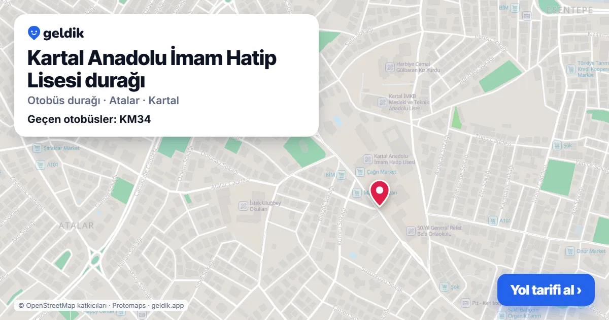Kartal Anadolu İmam Hatip Lisesi otobüs durağı haritada: konumu ve yakındaki duraklar