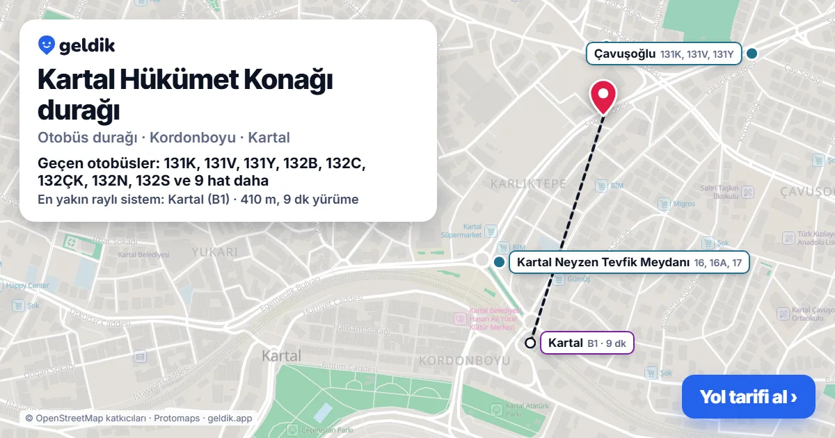 Kartal Hükümet Konağı otobüs durağı haritada: konumu ve yakındaki duraklar