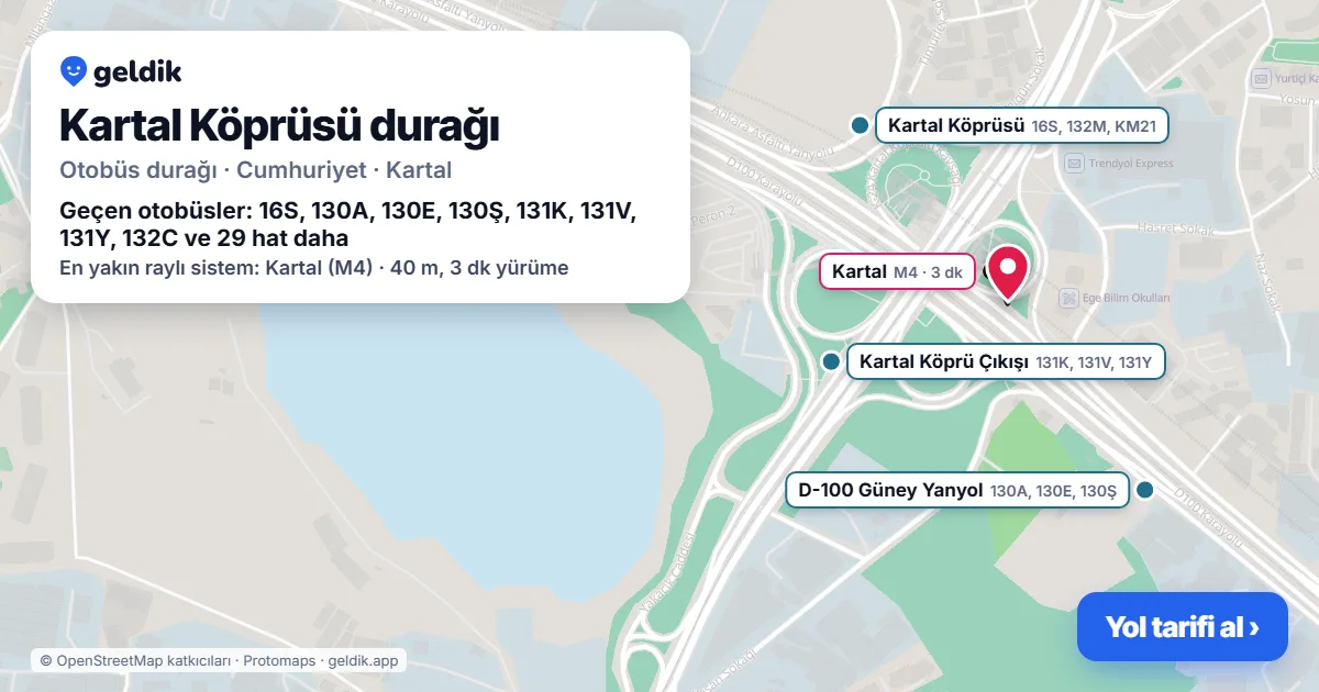Kartal Köprüsü otobüs durağı haritada: konumu ve yakındaki duraklar