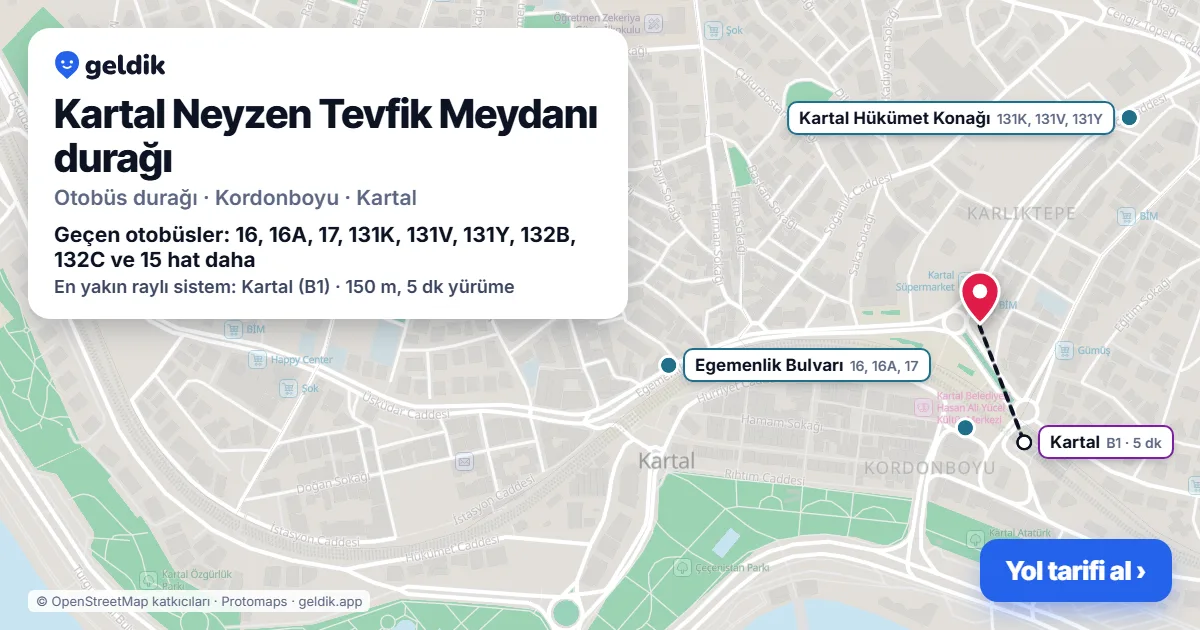 Kartal Neyzen Tevfik Meydanı otobüs durağı haritada: konumu ve yakındaki duraklar