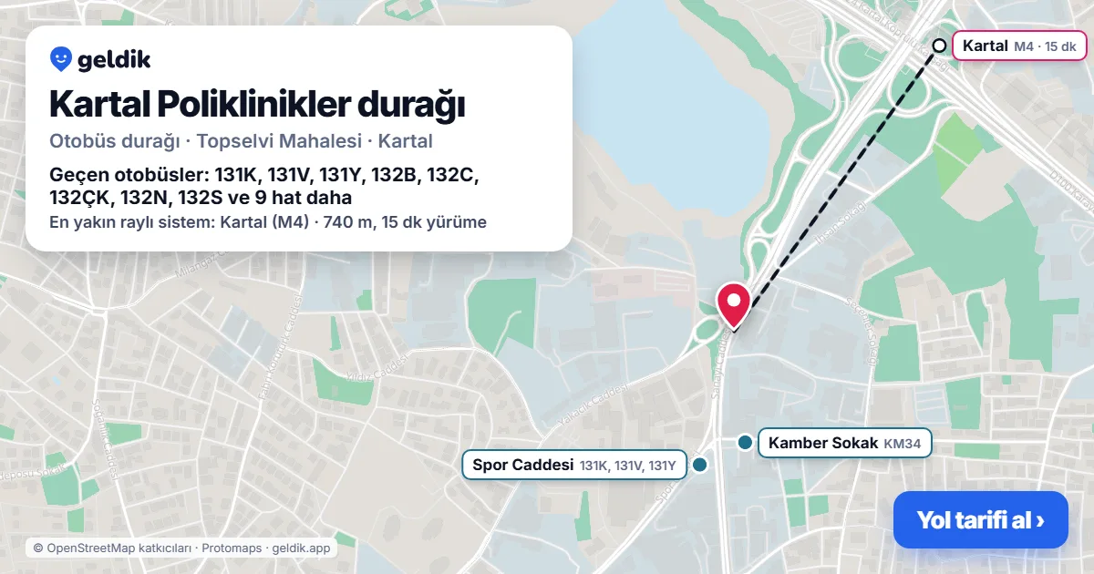 Kartal Poliklinikler otobüs durağı haritada: konumu ve yakındaki duraklar