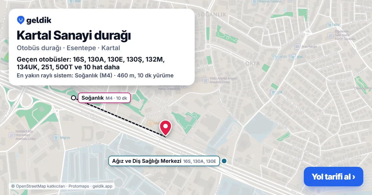 Kartal Sanayi otobüs durağı haritada: konumu ve yakındaki duraklar