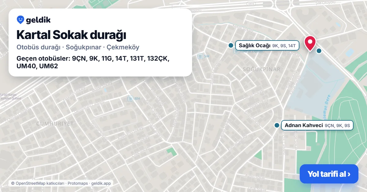 Kartal Sokak otobüs durağı haritada: konumu ve yakındaki duraklar