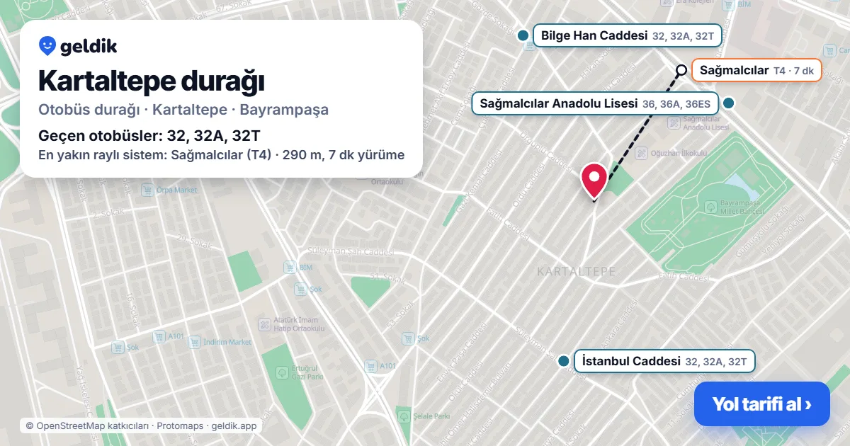 Kartaltepe otobüs durağı haritada: konumu ve yakındaki duraklar