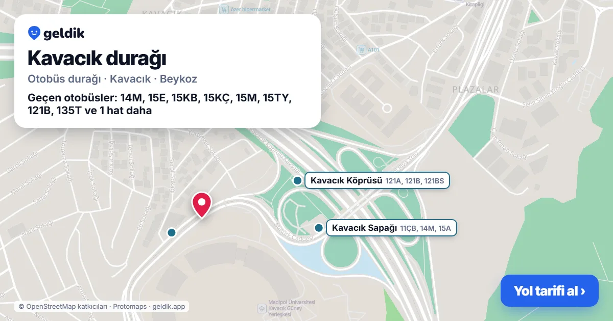 Kavacık otobüs durağı haritada: konumu ve yakındaki duraklar