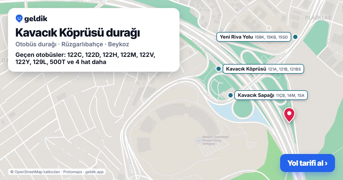 Kavacık Köprüsü otobüs durağı haritada: konumu ve yakındaki duraklar
