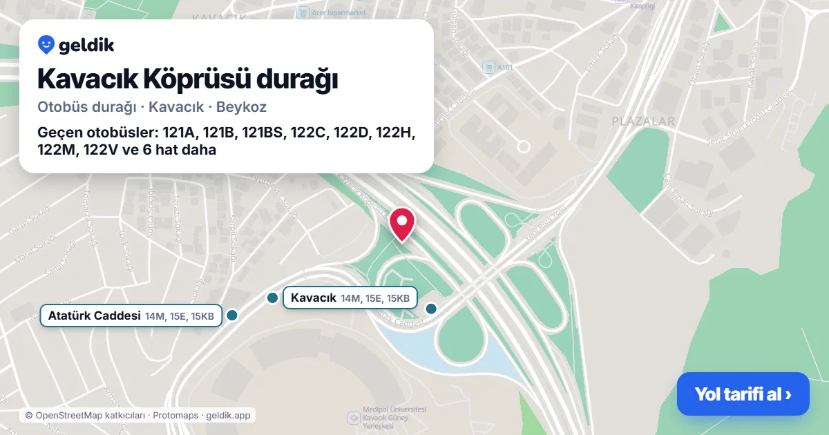 Kavacık Köprüsü otobüs durağı haritada: konumu ve yakındaki duraklar