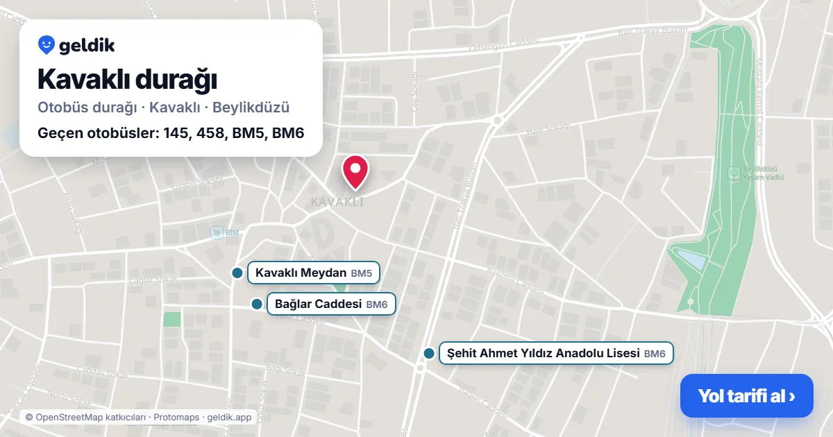 Kavaklı otobüs durağı haritada: konumu ve yakındaki duraklar