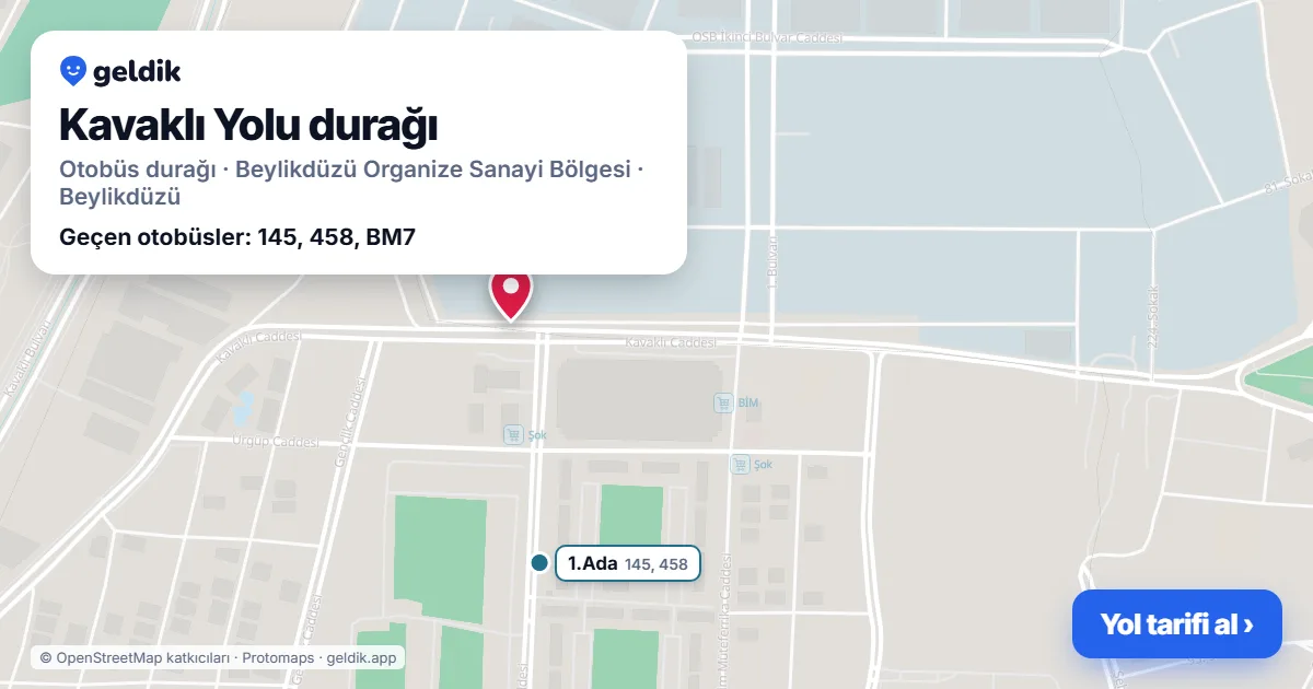 Kavaklı Yolu otobüs durağı haritada: konumu ve yakındaki duraklar