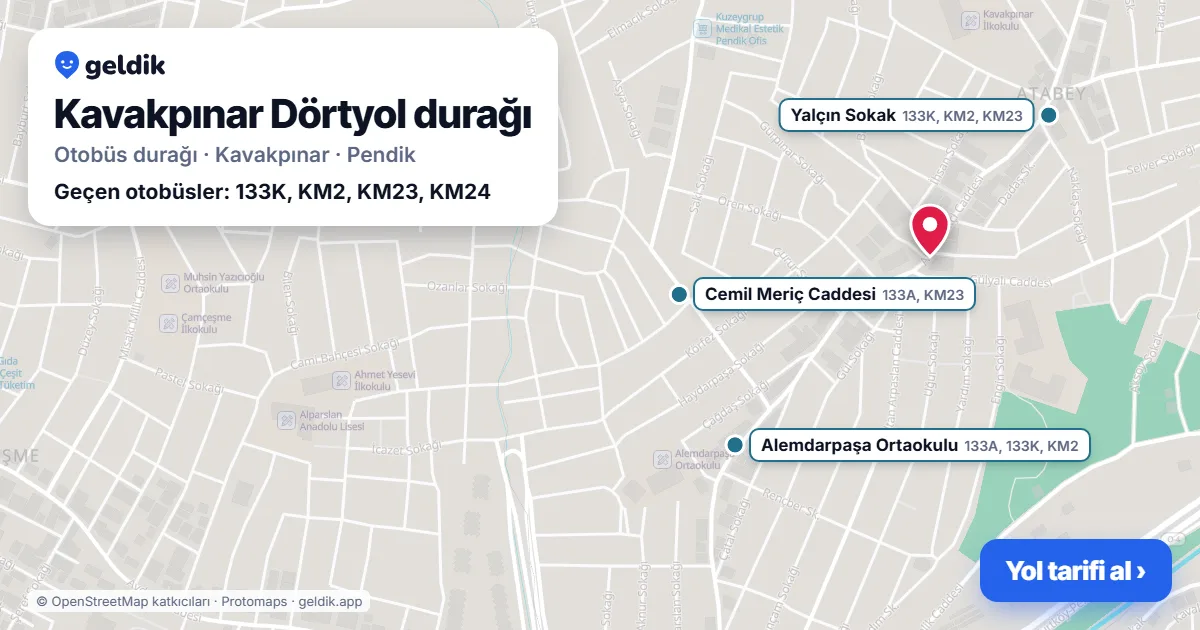 Kavakpınar Dörtyol otobüs durağı haritada: konumu ve yakındaki duraklar