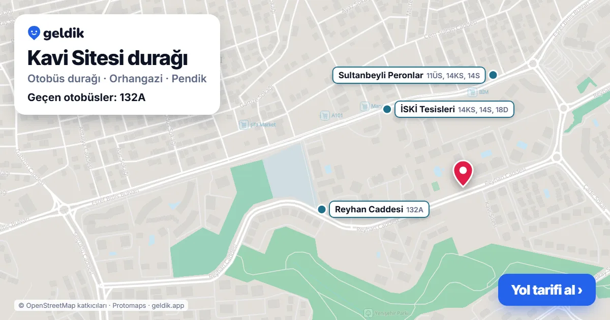 Kavi Sitesi otobüs durağı haritada: konumu ve yakındaki duraklar