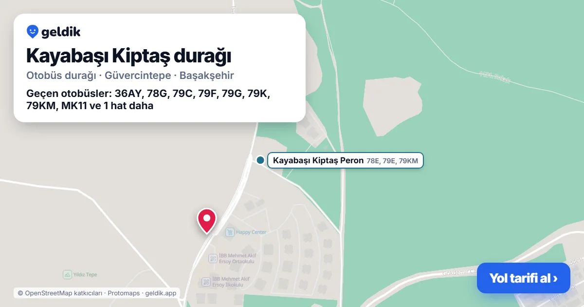 Kayabaşı Kiptaş otobüs durağı haritada: konumu ve yakındaki duraklar
