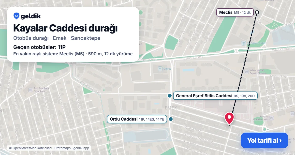 Kayalar Caddesi otobüs durağı haritada: konumu ve yakındaki duraklar