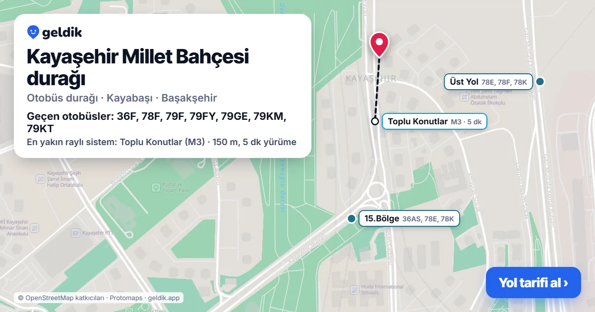 Kayaşehir Millet Bahçesi otobüs durağı haritada: konumu ve yakındaki duraklar
