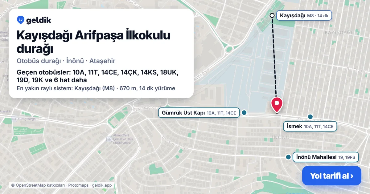 Kayışdağı Arifpaşa İlkokulu otobüs durağı haritada: konumu ve yakındaki duraklar