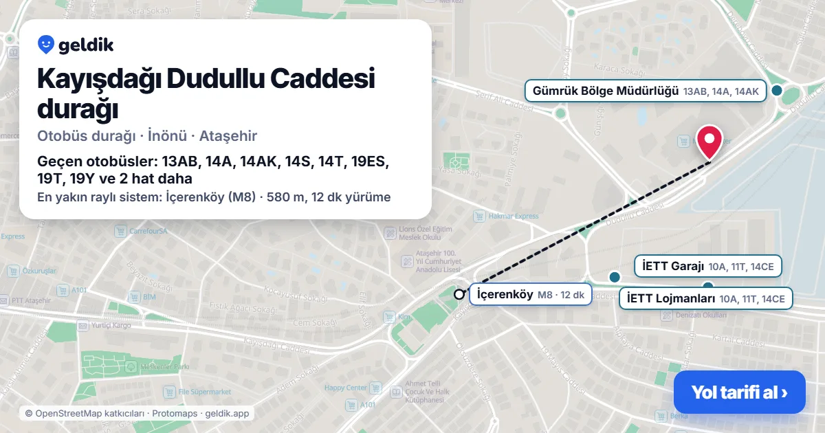 Kayışdağı Dudullu Caddesi otobüs durağı haritada: konumu ve yakındaki duraklar
