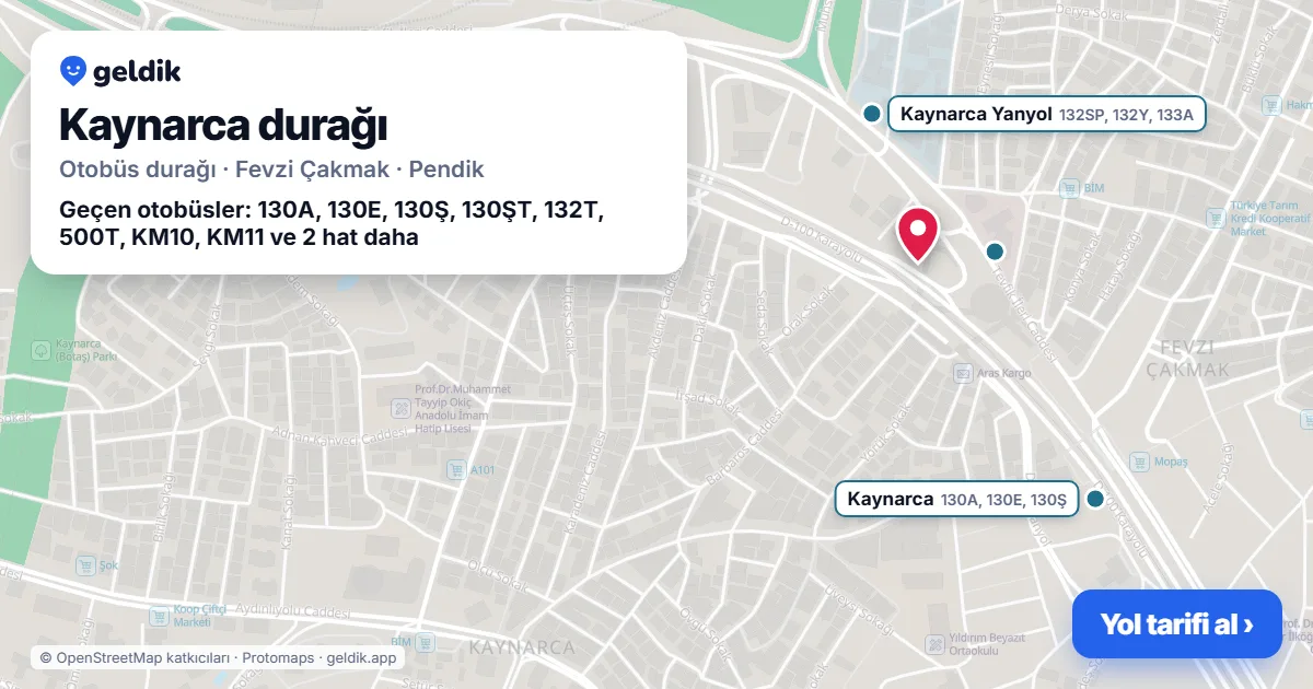 Kaynarca otobüs durağı haritada: konumu ve yakındaki duraklar