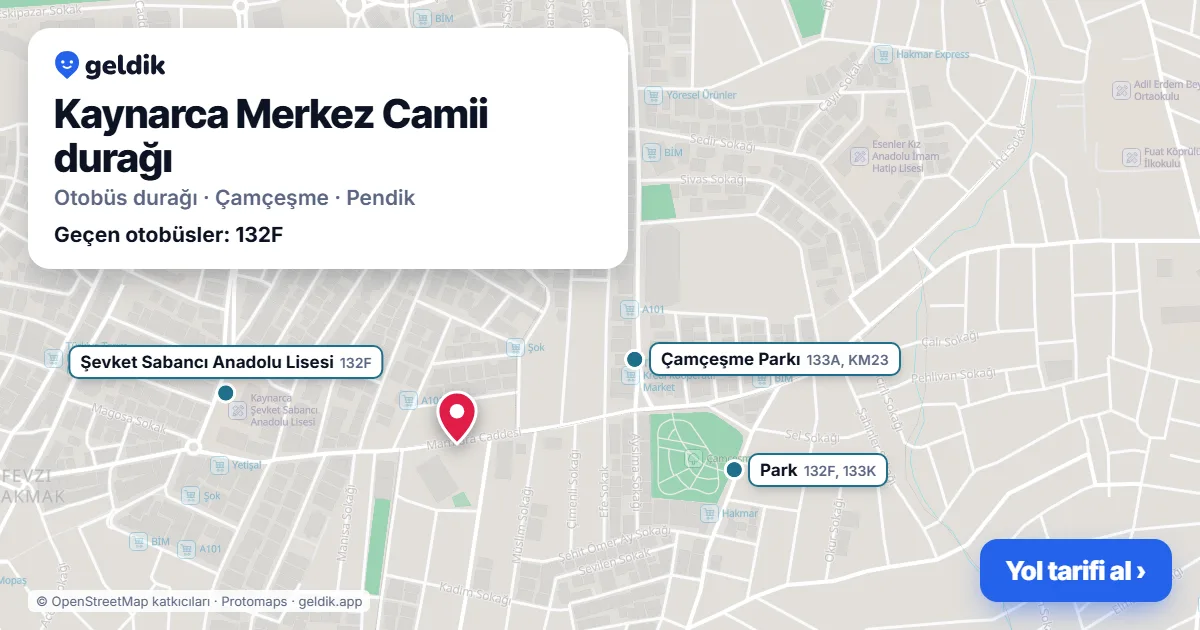 Kaynarca Merkez Camii otobüs durağı haritada: konumu ve yakındaki duraklar