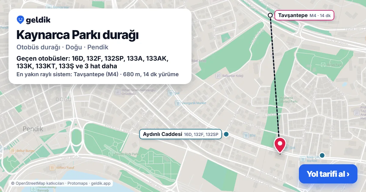 Kaynarca Parkı otobüs durağı haritada: konumu ve yakındaki duraklar