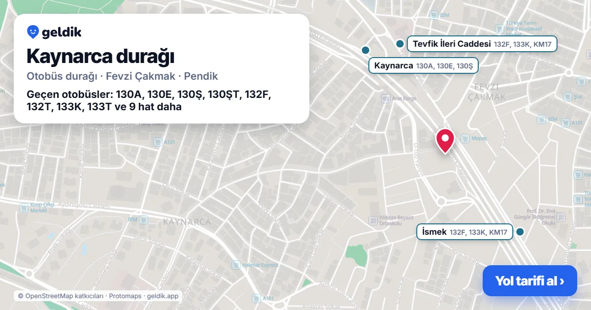 Kaynarca otobüs durağı haritada: konumu ve yakındaki duraklar