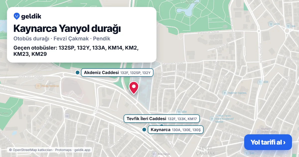Kaynarca Yanyol otobüs durağı haritada: konumu ve yakındaki duraklar