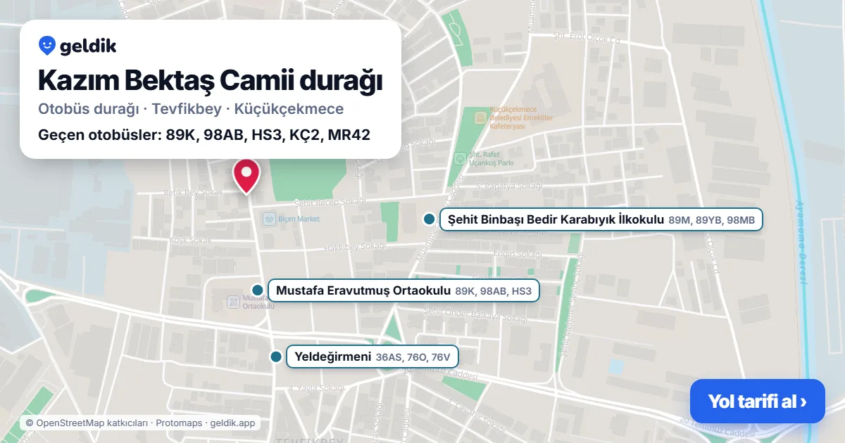 Kazım Bektaş Camii otobüs durağı haritada: konumu ve yakındaki duraklar