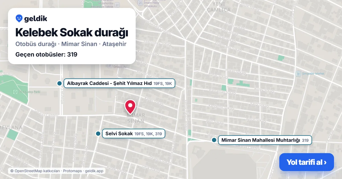 Kelebek Sokak otobüs durağı haritada: konumu ve yakındaki duraklar