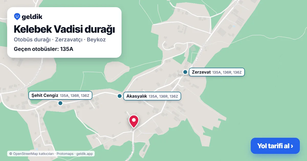Kelebek Vadisi otobüs durağı haritada: konumu ve yakındaki duraklar