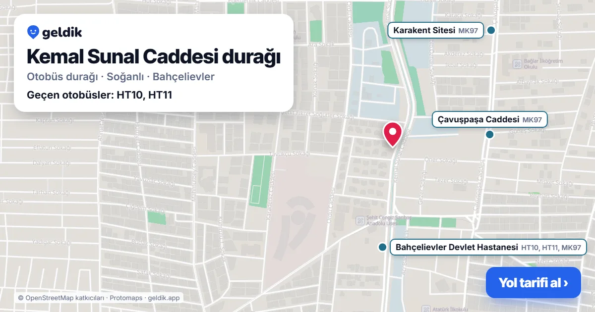 Kemal Sunal Caddesi otobüs durağı haritada: konumu ve yakındaki duraklar