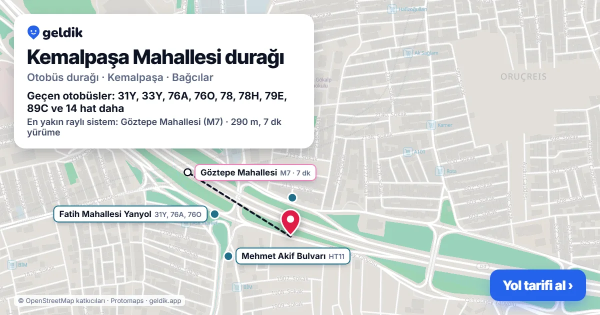 Kemalpaşa Mahallesi otobüs durağı haritada: konumu ve yakındaki duraklar