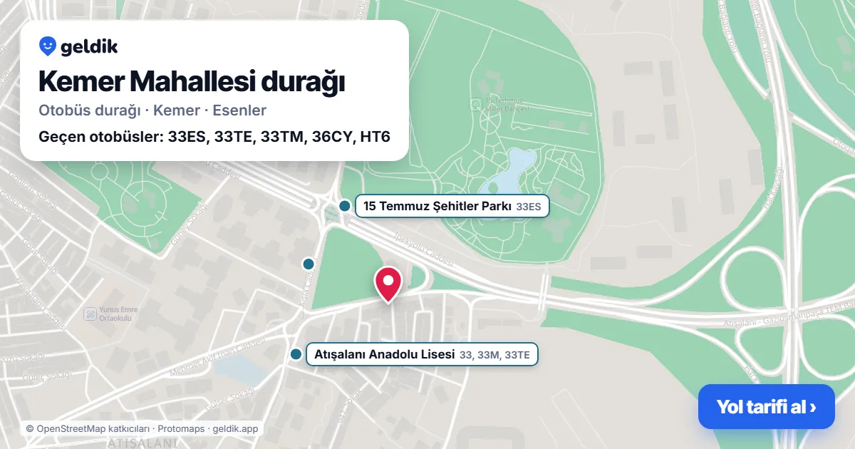 Kemer Mahallesi otobüs durağı haritada: konumu ve yakındaki duraklar