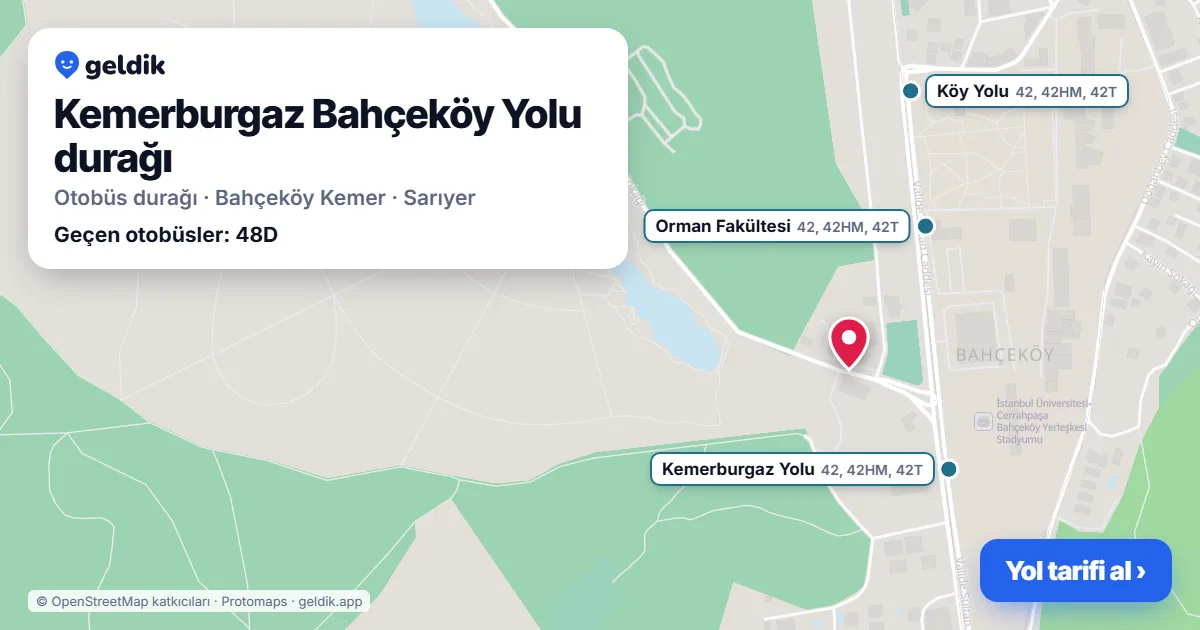 Kemerburgaz Bahçeköy Yolu otobüs durağı haritada: konumu ve yakındaki duraklar