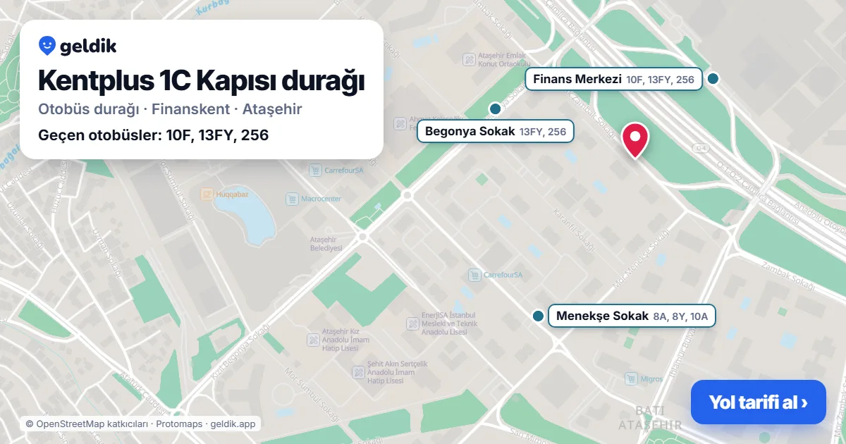 Kentplus 1C Kapısı otobüs durağı haritada: konumu ve yakındaki duraklar