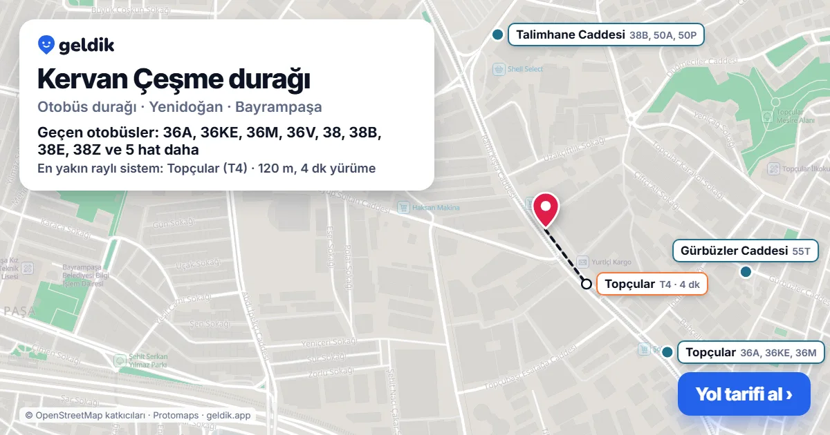 Kervan Çeşme otobüs durağı haritada: konumu ve yakındaki duraklar
