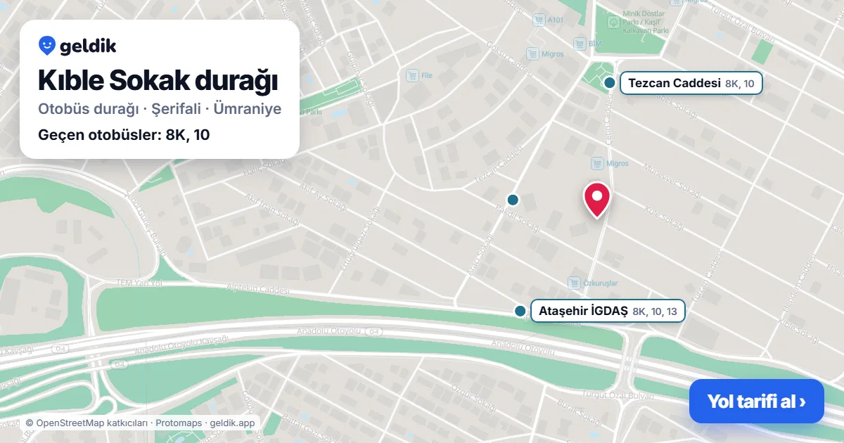 Kıble Sokak otobüs durağı haritada: konumu ve yakındaki duraklar