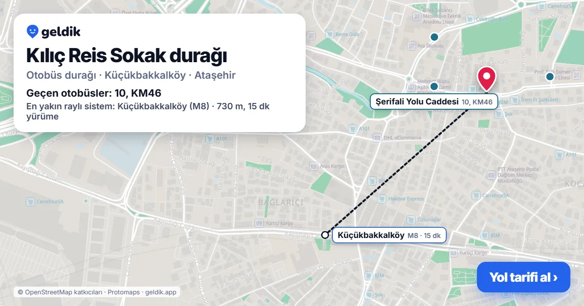 Kılıç Reis Sokak otobüs durağı haritada: konumu ve yakındaki duraklar