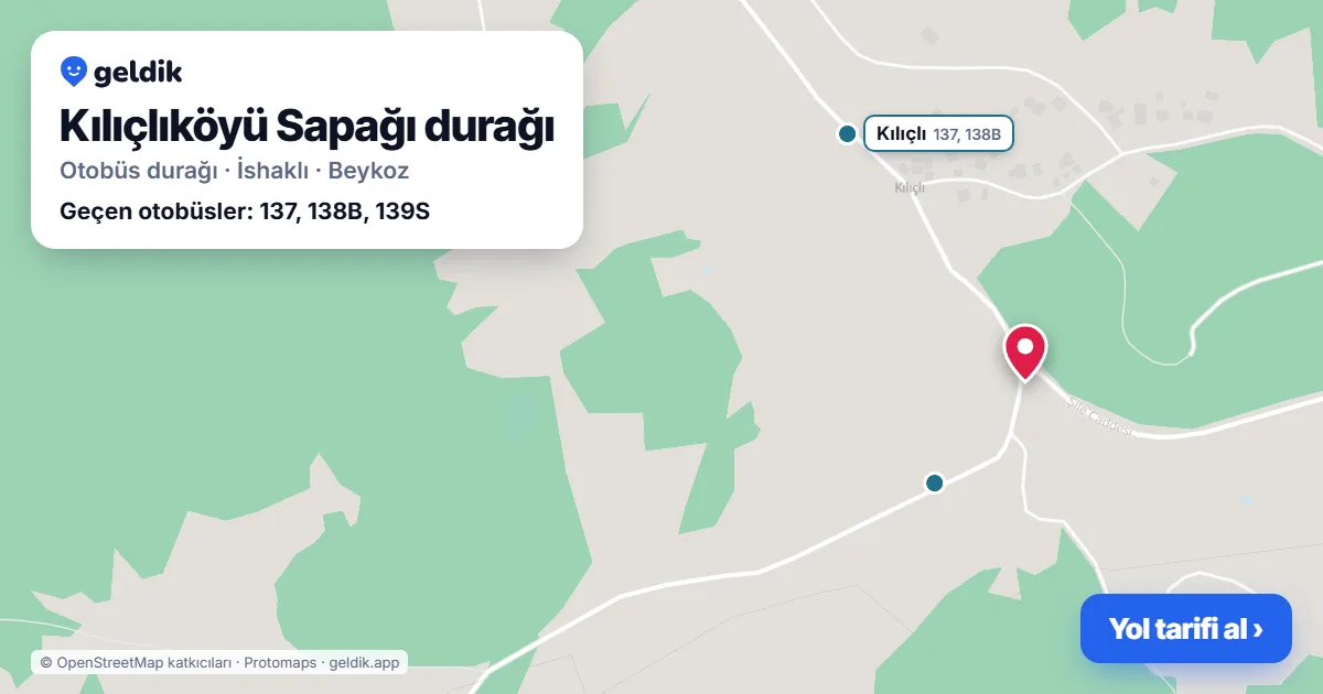 Kılıçlıköyü Sapağı otobüs durağı haritada: konumu ve yakındaki duraklar