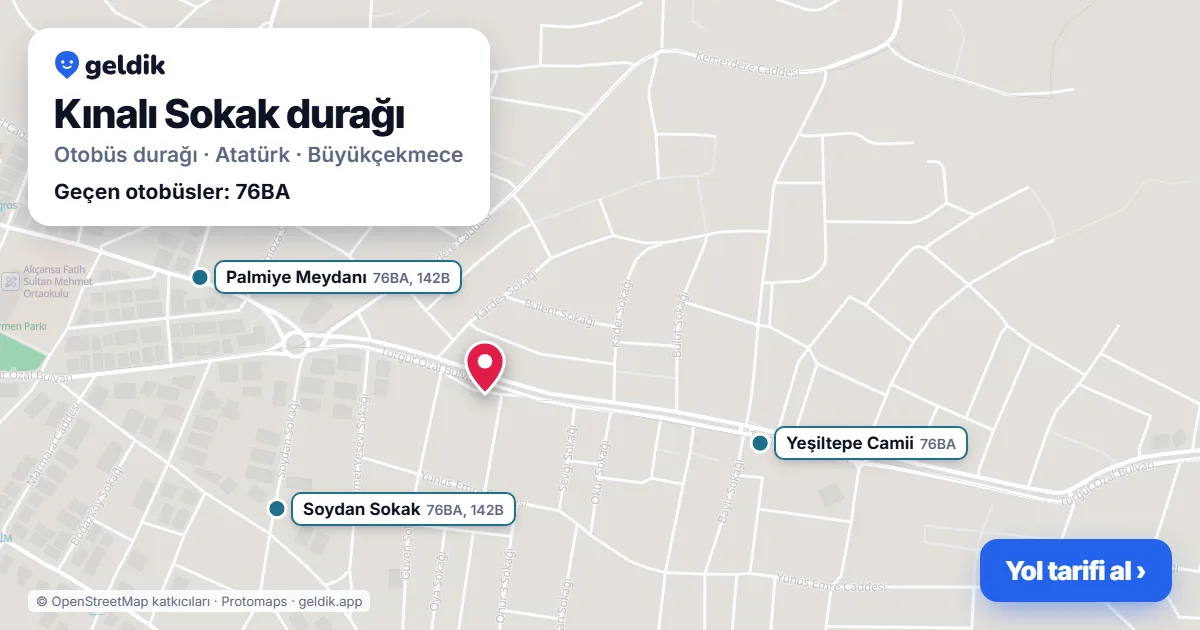 Kınalı Sokak otobüs durağı haritada: konumu ve yakındaki duraklar