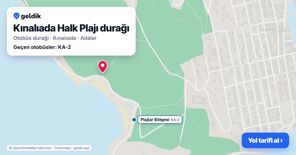 Kınalıada Halk Plajı otobüs durağı haritada: konumu ve yakındaki duraklar