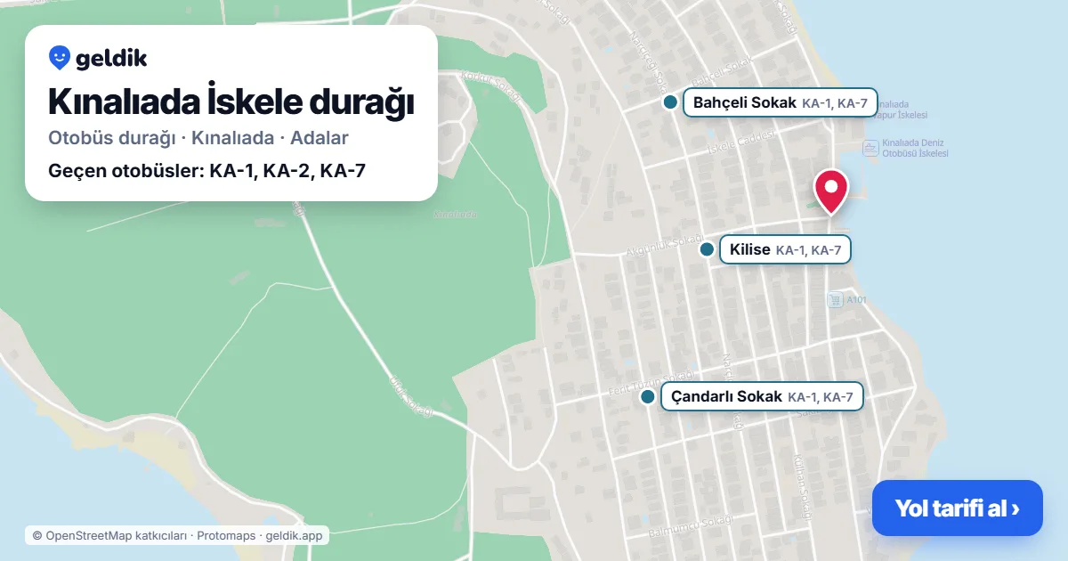 Kınalıada İskele otobüs durağı haritada: konumu ve yakındaki duraklar