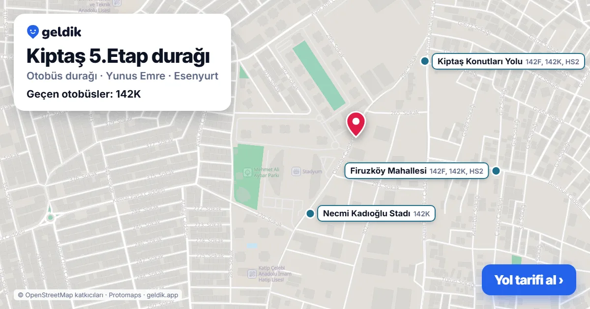 Kiptaş 5.Etap otobüs durağı haritada: konumu ve yakındaki duraklar