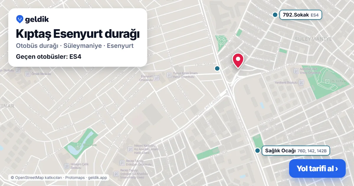 Kıptaş Esenyurt otobüs durağı haritada: konumu ve yakındaki duraklar