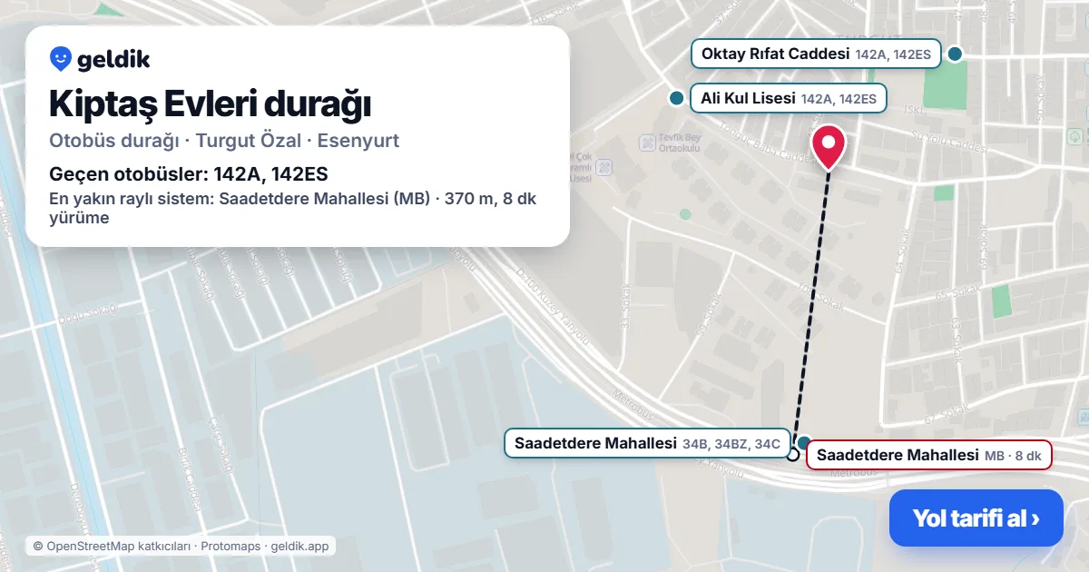Kiptaş Evleri otobüs durağı haritada: konumu ve yakındaki duraklar