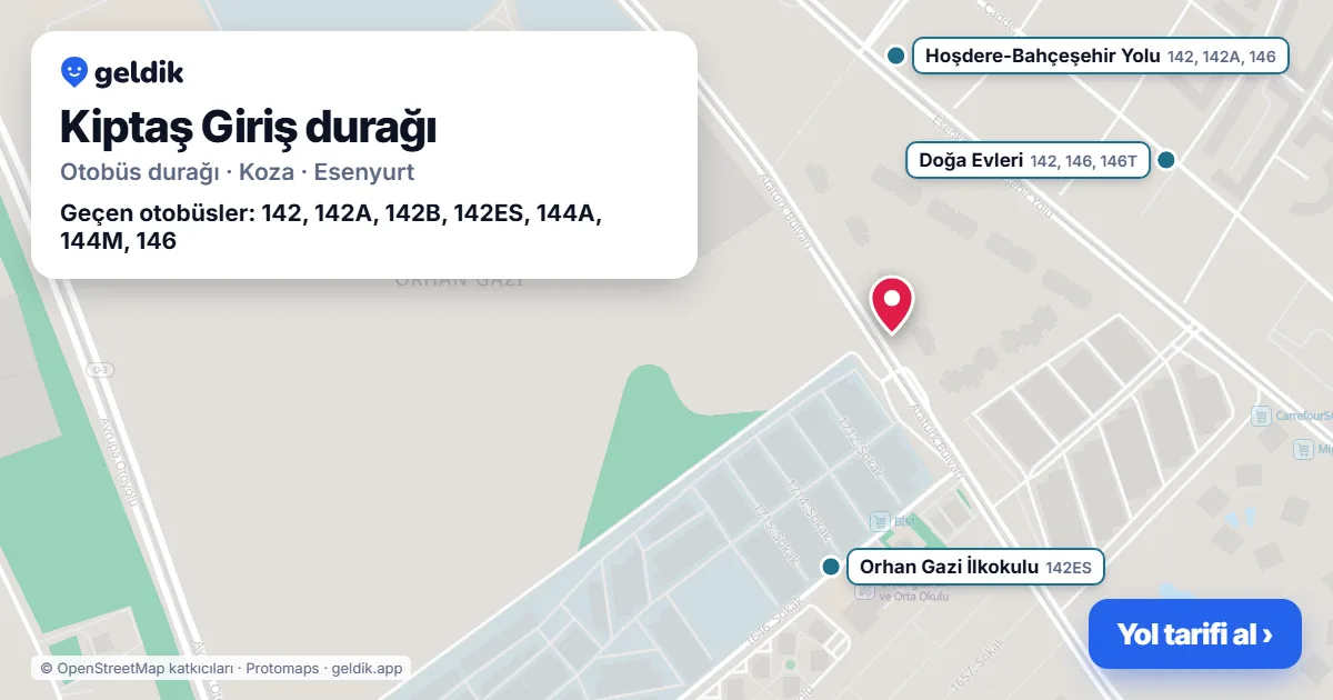 Kiptaş Giriş otobüs durağı haritada: konumu ve yakındaki duraklar