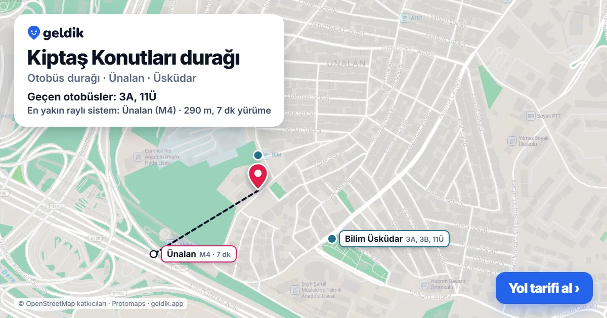 Kiptaş Konutları otobüs durağı haritada: konumu ve yakındaki duraklar