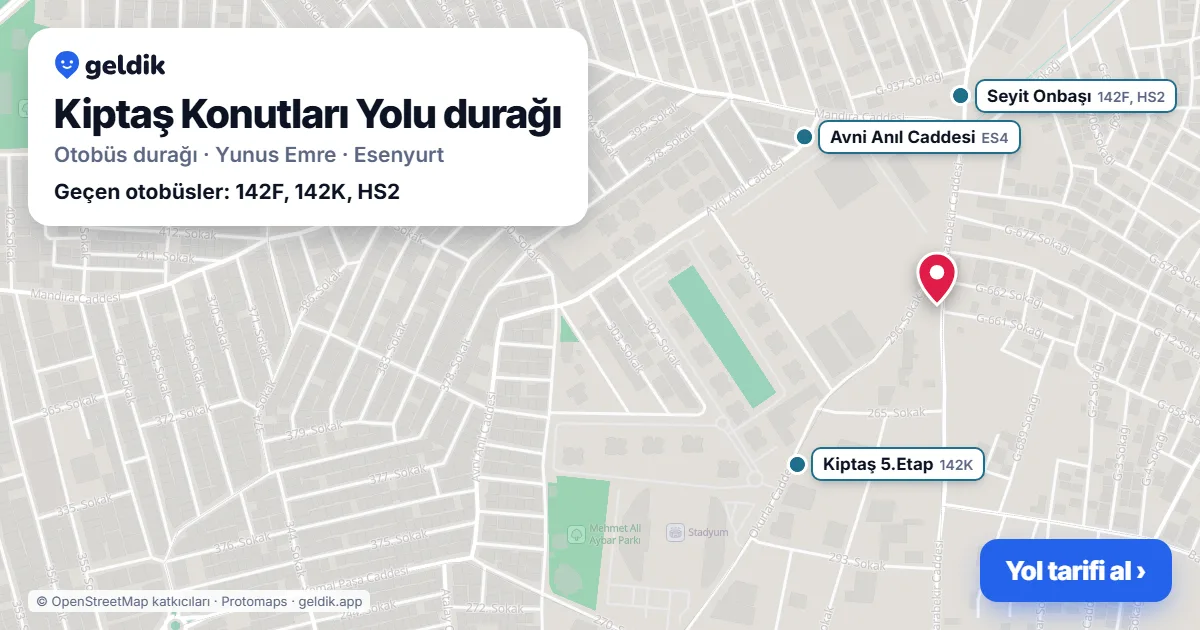 Kiptaş Konutları Yolu otobüs durağı haritada: konumu ve yakındaki duraklar