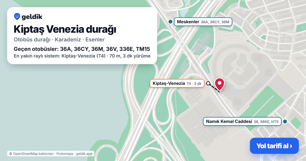 Kiptaş Venezia otobüs durağı haritada: konumu ve yakındaki duraklar