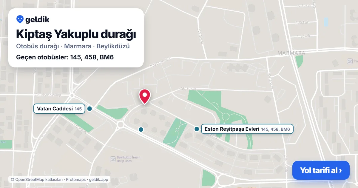 Kiptaş Yakuplu otobüs durağı haritada: konumu ve yakındaki duraklar