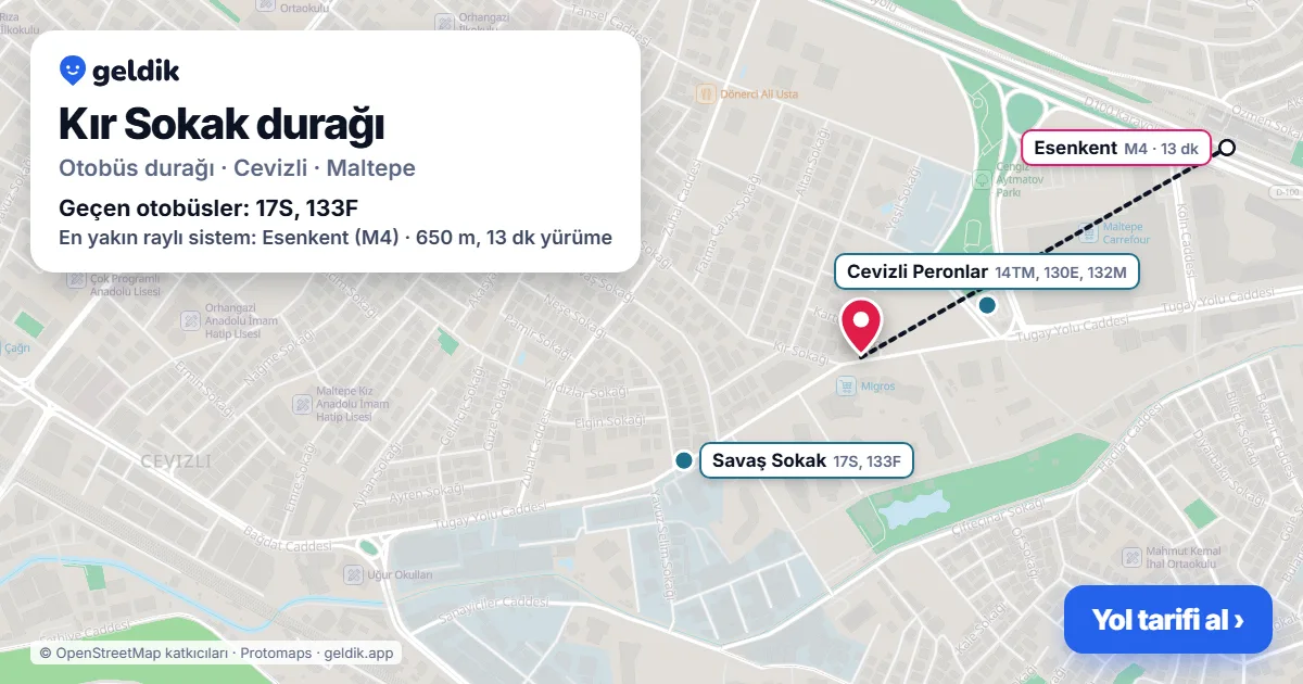 Kır Sokak otobüs durağı haritada: konumu ve yakındaki duraklar