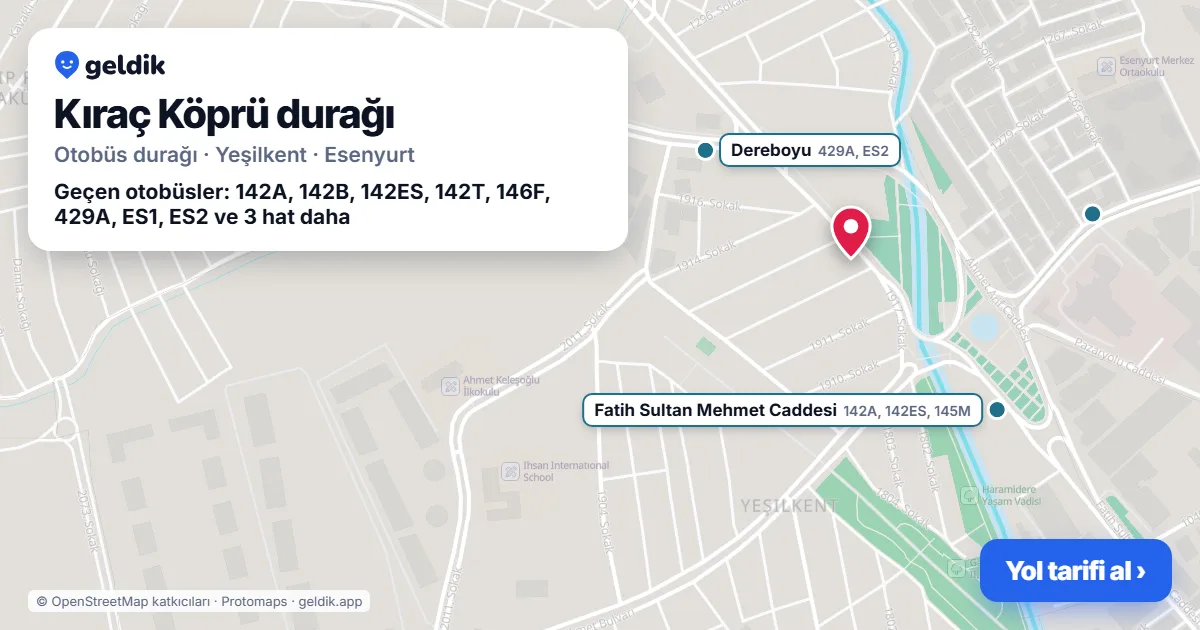 Kıraç Köprü otobüs durağı haritada: konumu ve yakındaki duraklar